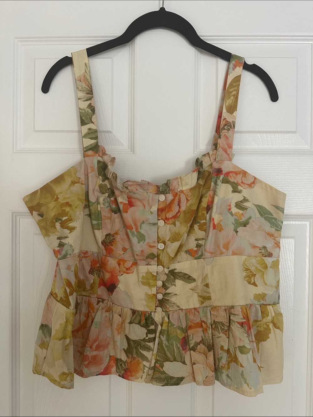 Anthropologie Floral Ruffle Button-Front Crop Top - Cream, Green & Pink